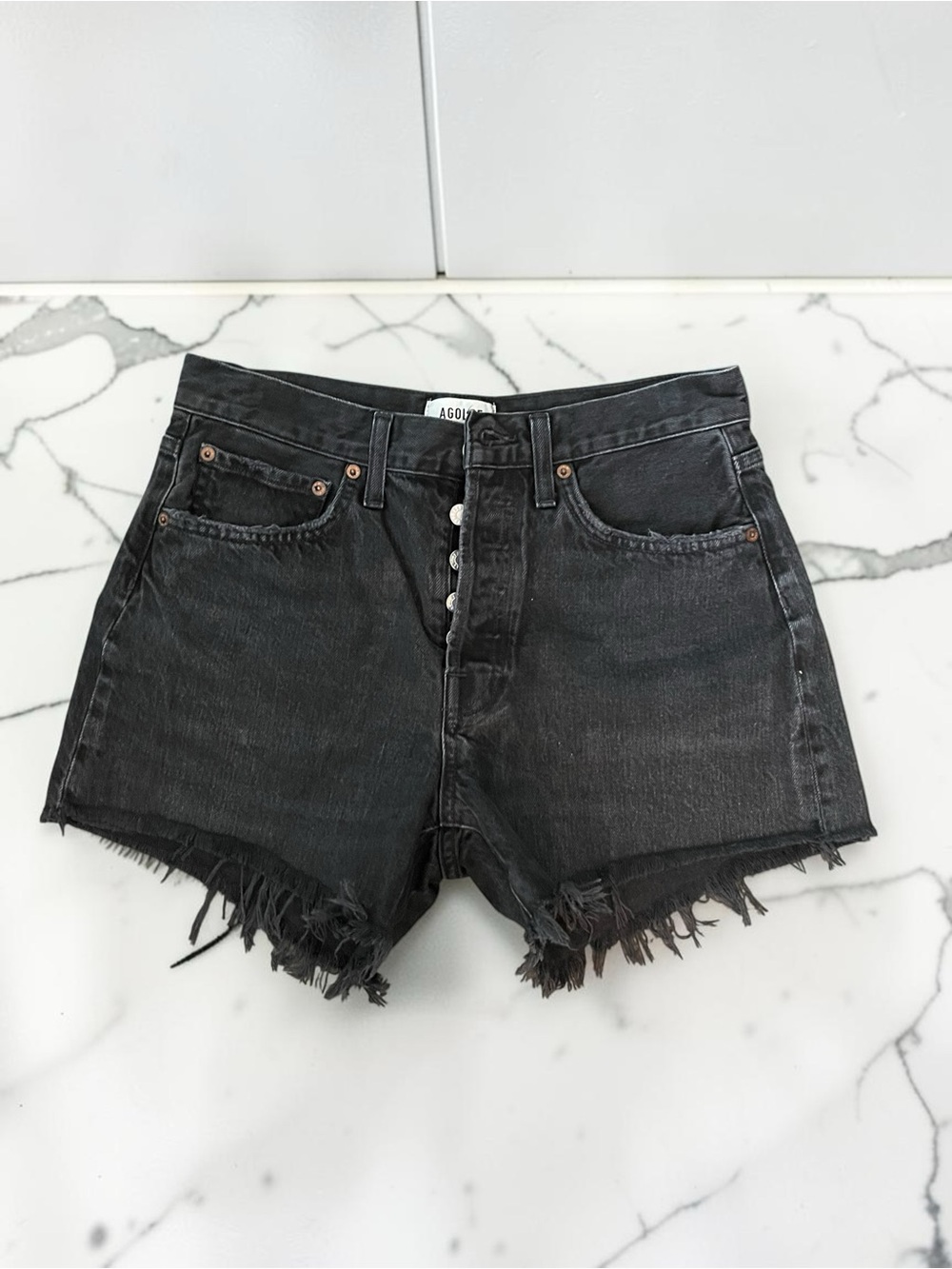AGOLDE Parker Long Fright Black Denim Shorts Size 26 Button Fly Raw Hem